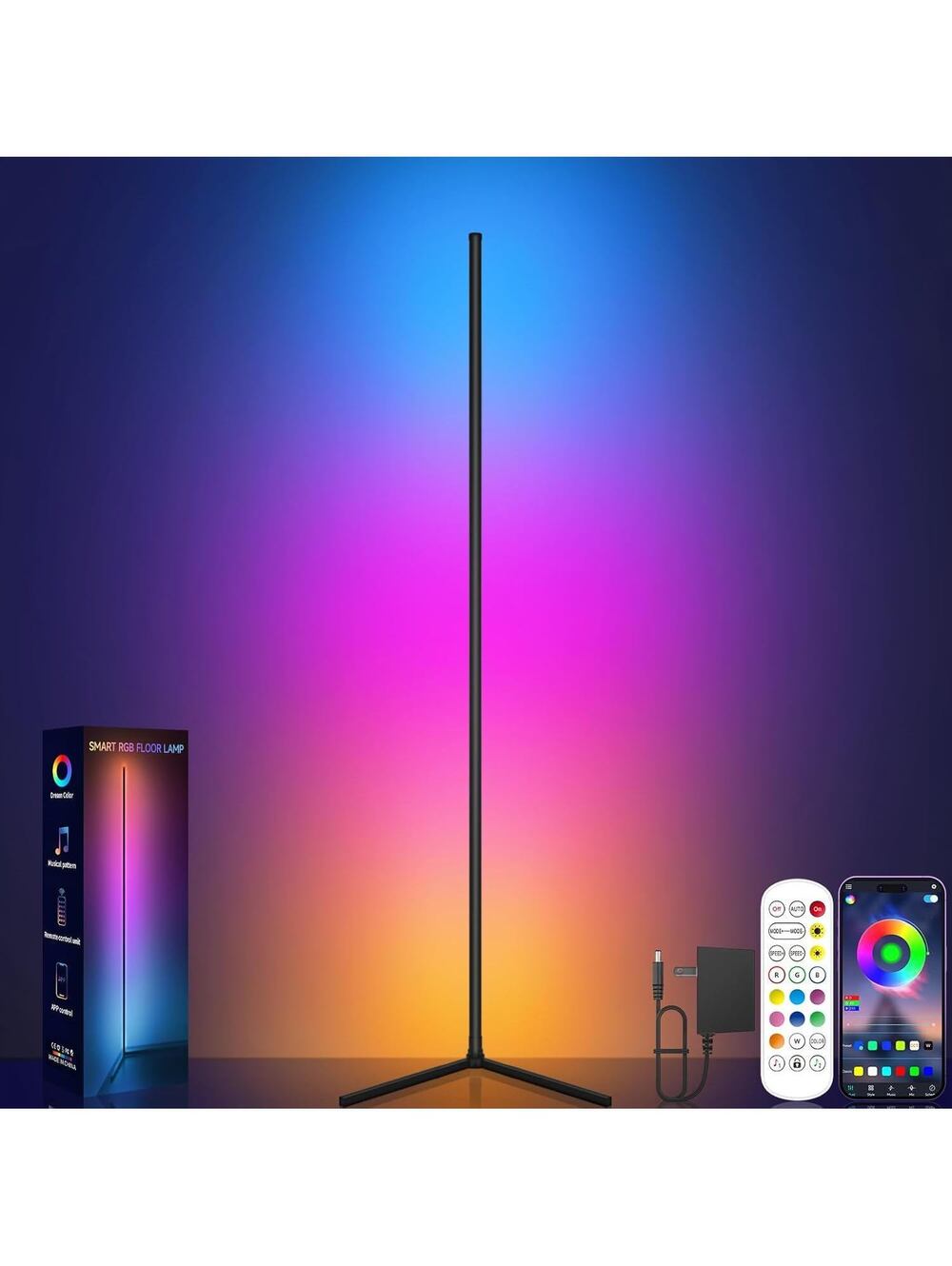 Corner Floor Lamp RGB LED Corner Lamp Music Sync Smart App Remote Control Color
